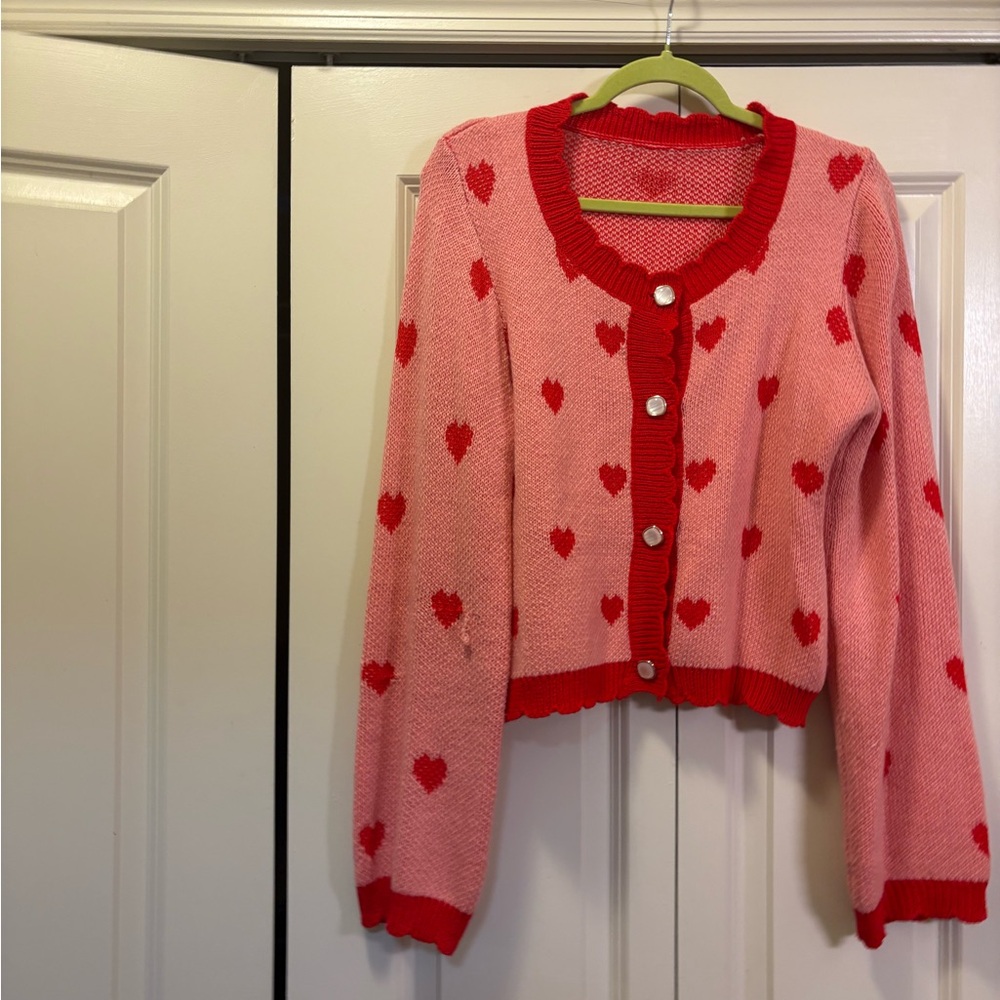 Cozy Pink Heart Pattern Cardigan
